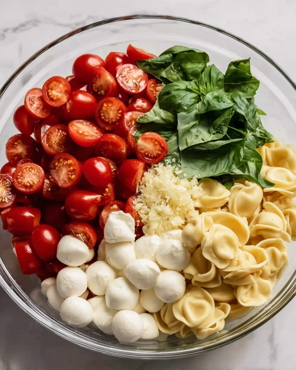 A clear glass bowl is filled with five distinct layers arranged side by side: bright red cherry tomatoes, some cut in halves showing seeds; fresh green basil leaves with a smooth texture; small white mozzarella balls with a soft and round appearance; pale yellow tortellini pasta with a folded, stuffed look; and a small pile of minced garlic with a grainy texture. The bowl sits on a white marbled surface. Photo taken with an iphone --ar 4:5 --v 7