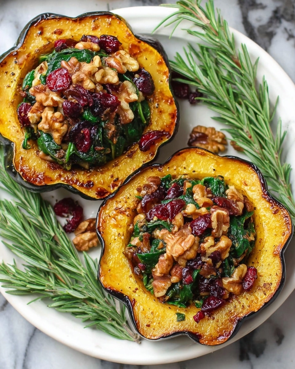 The image shows two roasted acorn squash halves placed on a white plate with a white marbled surface underneath. Each squash half has a thick, golden-yellow flesh with a slightly charred, dark brown edge that creates a scalloped flower-like shape. The center of each half is filled with a colorful mixture: bright green sautéed spinach, small pieces of light brown cooked walnuts, dark red dried cranberries, and some caramelized small bits of onions. Around the plate, sprigs of fresh green rosemary are placed for decoration. The photo taken with an iphone --ar 4:5 --v 7
