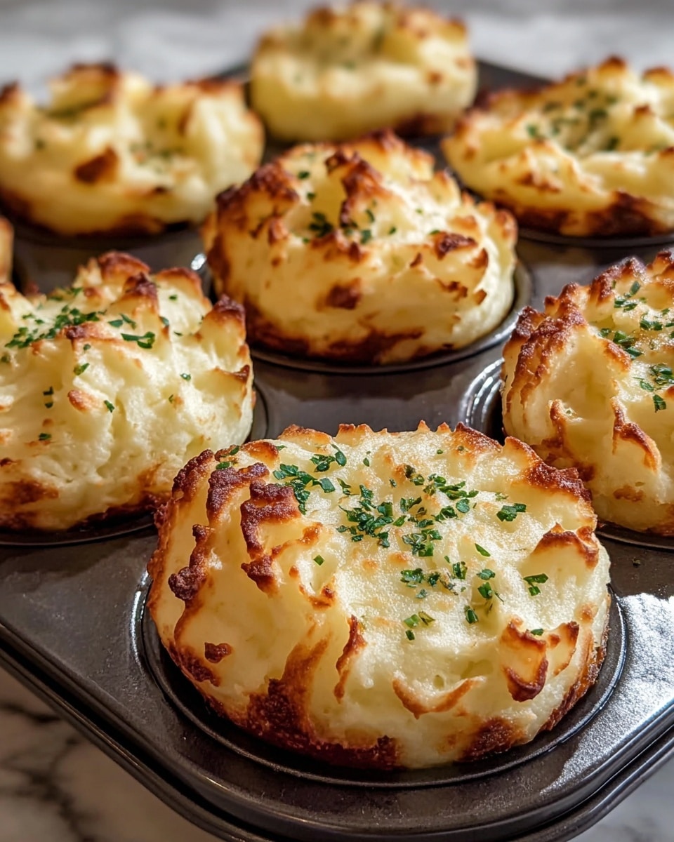 The image shows a tray filled with seven baked mashed potato cups that look golden and fluffy on top. Each cup is formed in a dark baking mold, with the mashed potato piled high and browned in spots around the edges and peaks. The surface of the mashed potato has a light, slightly creamy texture with small crisp patches, scattered with finely chopped green herbs for color. The tray beneath has a light reflection, and the background is a white marbled texture. photo taken with an iphone --ar 4:5 --v 7
