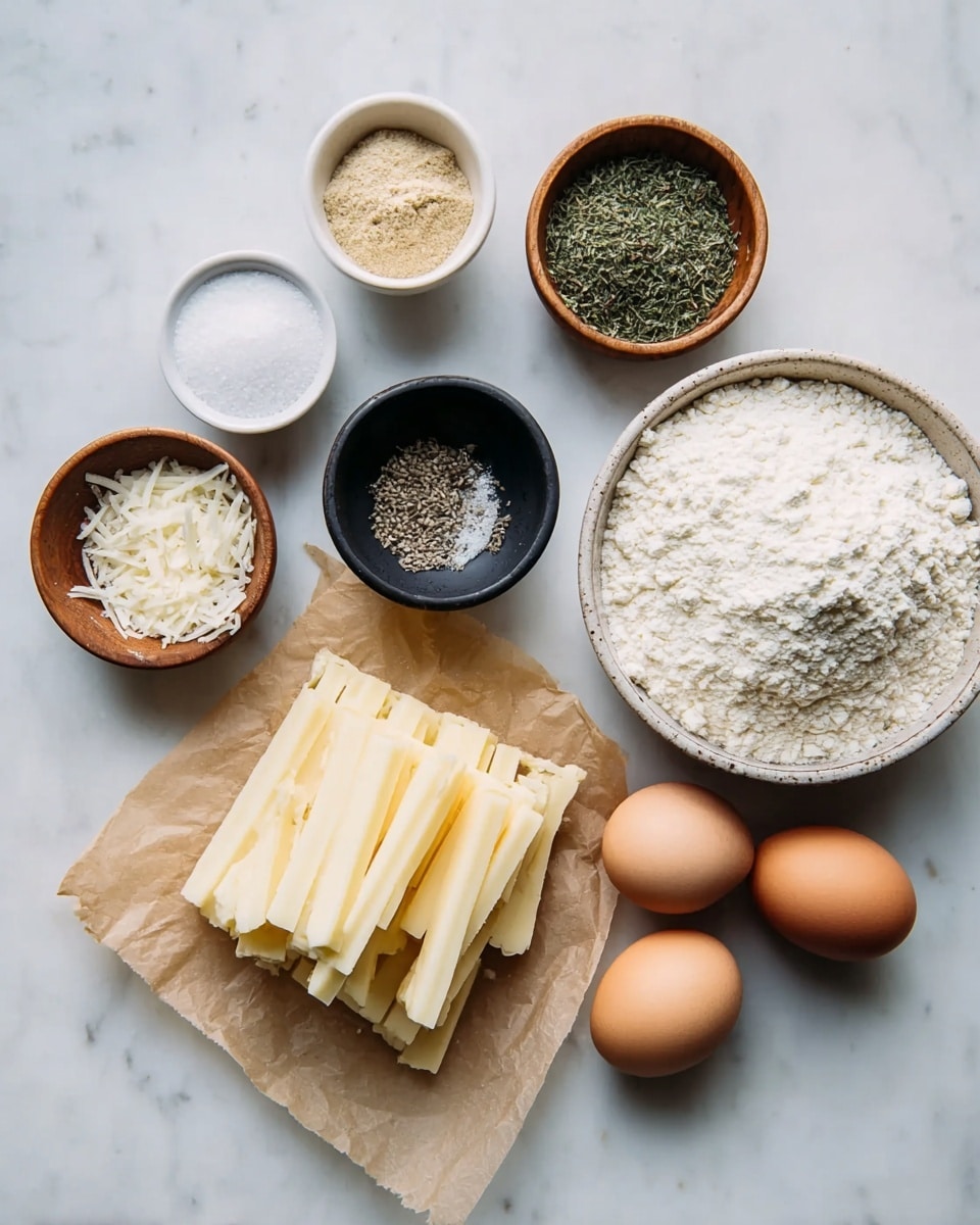 The image shows cooking ingredients arranged neatly on a white marbled surface. In the center, there is a pile of pale yellow sticks of cheese on a piece of brown parchment paper. Above the cheese, from left to right, there are four small bowls: a white bowl with light brown powder, a black bowl with coarse white salt, a light brown wooden bowl with green dried herbs, and another white bowl with black pepper. To the right, there are two brown eggs next to a brown bowl filled with white breadcrumbs, and a white speckled bowl filled with white flour. photo taken with an iphone --ar 4:5 --v 7