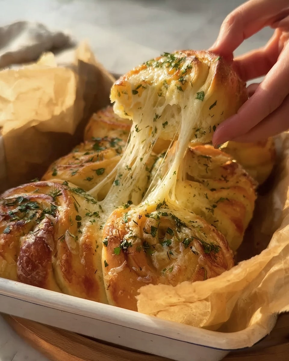 In this image, a woman's hand is pulling apart a soft, golden roll filled with melted, stretchy cheese that pulls in thin strings between the two halves. The top layer of the roll is sprinkled with small bits of green herbs, giving a fresh look. The rolls sit snugly in a white baking tray lined with light brown parchment paper. The background shows a white marbled surface with warm lighting that highlights the golden color and melted texture of the rolls, creating a cozy and inviting scene. photo taken with an iphone --ar 4:5 --v 7