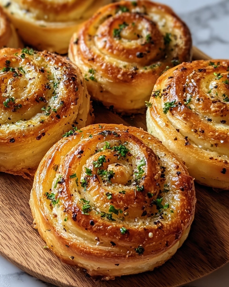 The image shows several golden-brown spiral pastries arranged closely on a wooden board, each pastry made of multiple layers of flaky dough spiraled tightly. The top layer is shiny with a slight crisp, sprinkled with finely chopped green herbs and small black pepper flakes evenly spread across. The pastries have a soft, light cream color inside the spirals where the dough layers are visible, and the outer edges are more glossy and browned from baking. The background surface is a white marbled texture, providing a clean contrast to the warm tones of the pastries. photo taken with an iphone --ar 4:5 --v 7