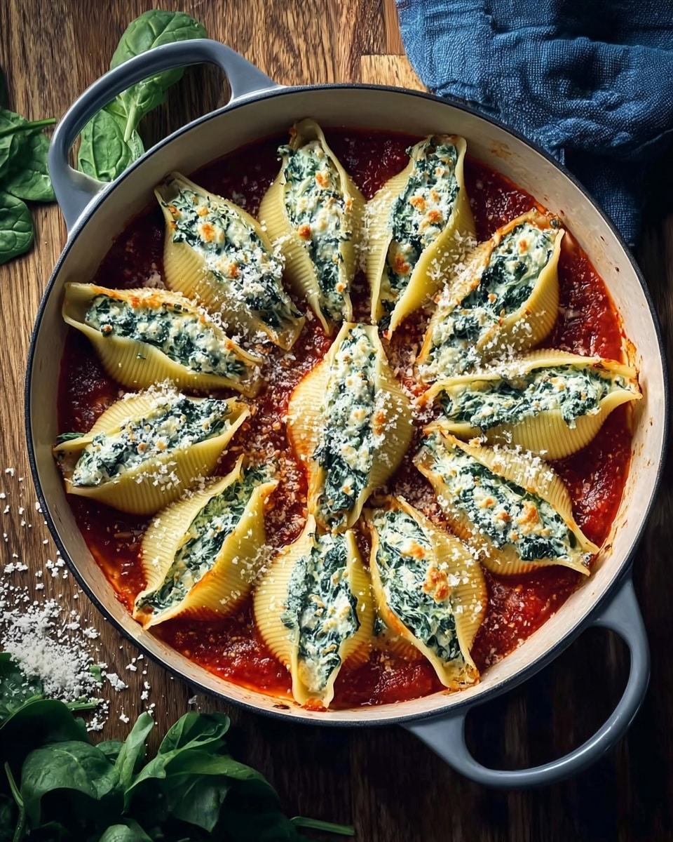 The image shows a white pot filled with large pasta shells arranged in a circular pattern. Each shell is stuffed with a creamy mixture of green spinach and white cheese, with a slightly browned top. The pot has a thick layer of chunky red tomato sauce at the bottom, visible around and beneath the shells. The dish is sprinkled with finely grated white cheese on top, adding a light dusting over the shells and sauce. The pot is placed on a wooden surface with some green leafy spinach nearby and a blue cloth in the corner. photo taken with an iphone --ar 4:5 --v 7