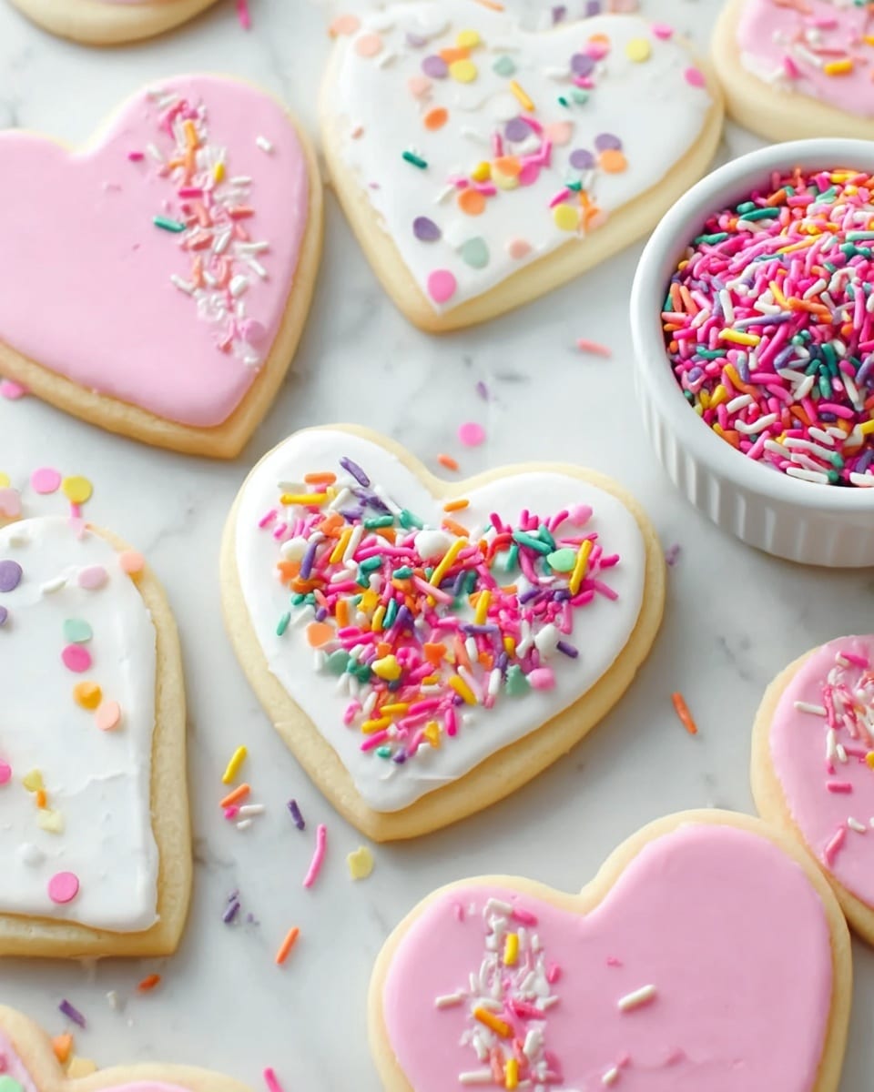 The image shows several heart-shaped sugar cookies on a white marbled surface. Each cookie has one layer of smooth icing, in either soft pink or white colors, evenly covering the top. Some cookies are decorated with colorful round and long sprinkles scattered over the icing. Near the center, a white-iced heart cookie with bright, multicolored sprinkles stands on top of a pink-iced cookie also covered with pink sprinkles. To the upper right, a small white bowl filled with the same colorful sprinkles is visible. The texture of the icing looks smooth and matte, while the cookies have a soft, slightly thick edge. The photo taken with an iphone --ar 4:5 --v 7