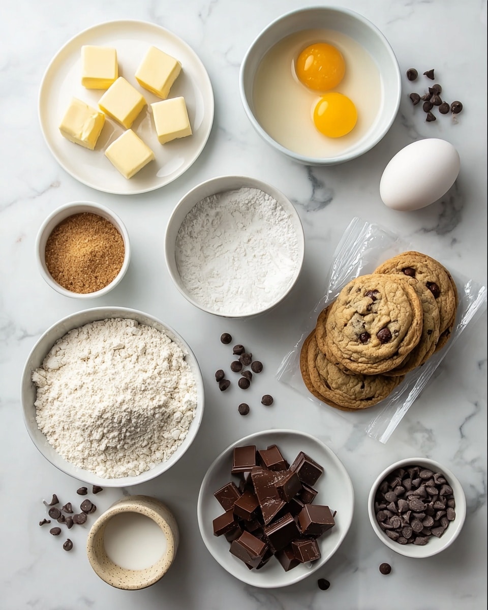 The image shows a top view of baking ingredients laid out on a white marbled surface. There are multiple white bowls and plates holding different items: one white plate with six pale yellow cubes of butter, one white bowl with two raw egg yolks and whites, another white bowl filled with fine white flour, a small white bowl with brown sugar, and a white bowl containing light brown cookies with chocolate spots. Nearby, there's a white bowl filled with small, round chocolate pieces. A white plate holds chopped dark chocolate squares. On the right, there is a transparent plastic package with three chocolate chip cookies stacked and some cookie crumbs beside them, plus a whole white egg above it. A small beige cup contains white salt, with scattered dark chocolate chips on the surface around the bowls. photo taken with an iphone --ar 4:5 --v 7