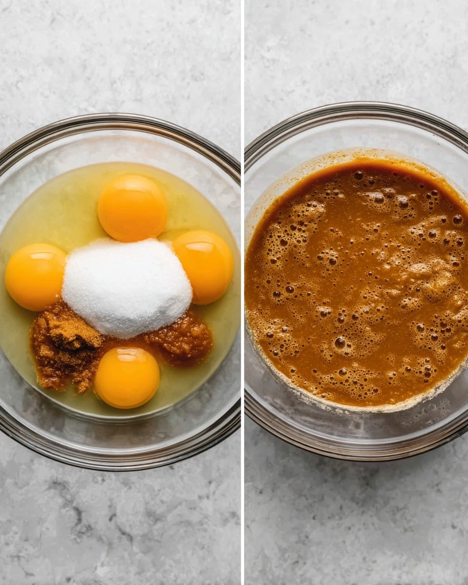 Two clear glass bowls sit side by side on a white marbled surface. The left bowl shows four raw egg yolks bright yellow with clear whites around them, a large pile of white sugar, some brown sugar, and thick orange pumpkin puree, each ingredient layered separately but close together. The right bowl contains the same mixture fully mixed into a smooth, even, medium-brown batter with tiny bubbles on the surface, filling most of the bowl. Photo taken with an iphone --ar 4:5 --v 7