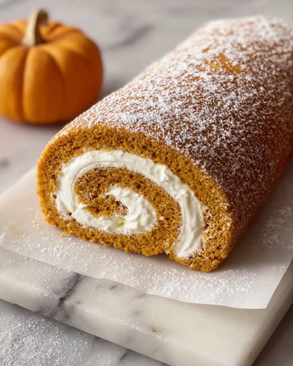 A rolled cake with two visible layers, the outer layer is a soft brown sponge cake dusted with powdered sugar, and the inner layer is a thick, creamy white filling spiraled neatly inside. The cake is placed on a white marbled surface with two cinnamon sticks beside it. In the background, there is a blurred orange pumpkin adding a warm autumn feel. Photo taken with an iphone --ar 4:5 --v 7