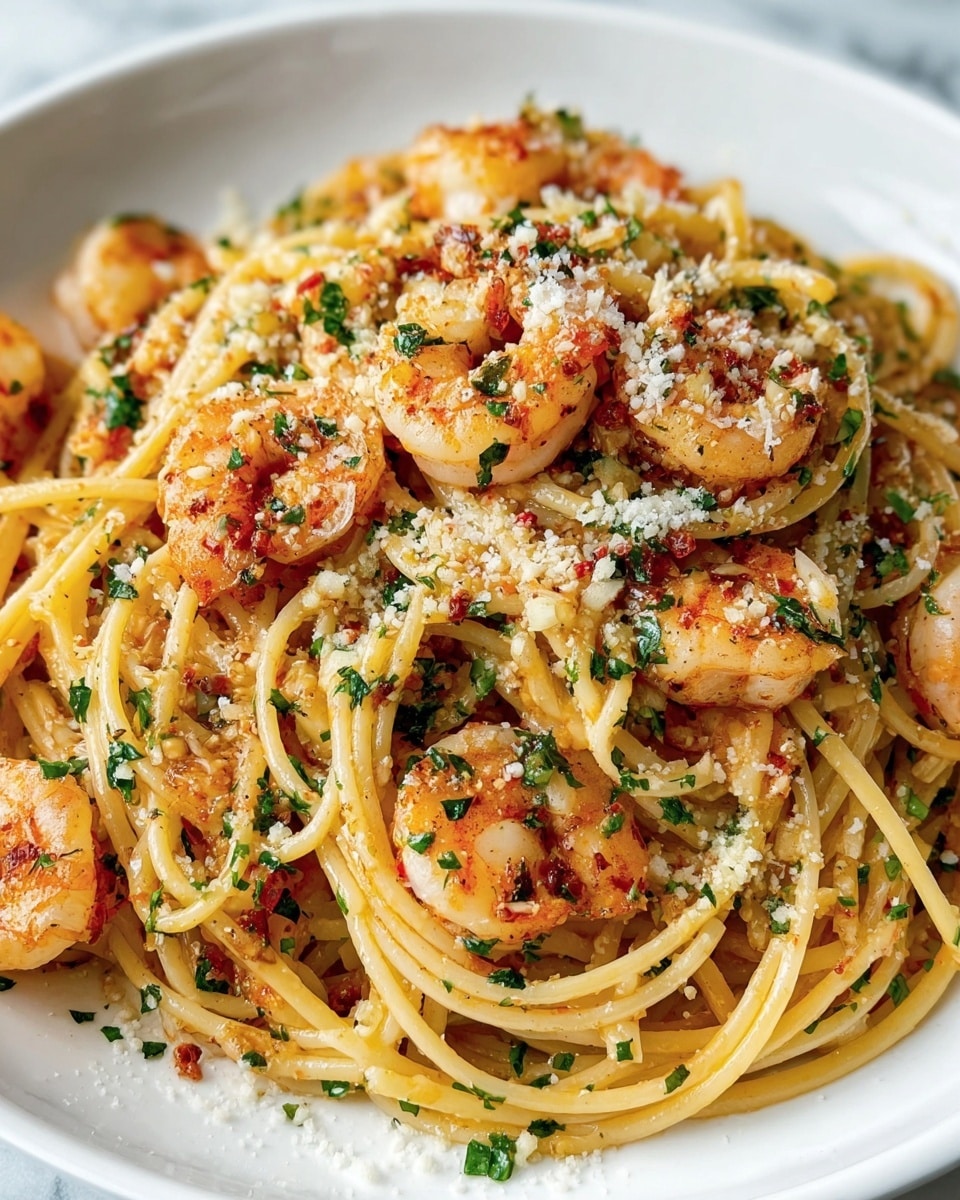 A white plate filled with a bed of yellow spaghetti noodles mixed with orange and golden-brown cooked shrimp on top and throughout the noodles. The dish is speckled with finely chopped green herbs and small bits of red chili flakes. It is lightly sprinkled with white grated cheese, adding texture and contrast. The spaghetti strands appear glossy and slightly oily, with a few pieces of browned garlic or seasoning scattered evenly. The entire dish sits on a white marbled texture surface. photo taken with an iphone --ar 4:5 --v 7