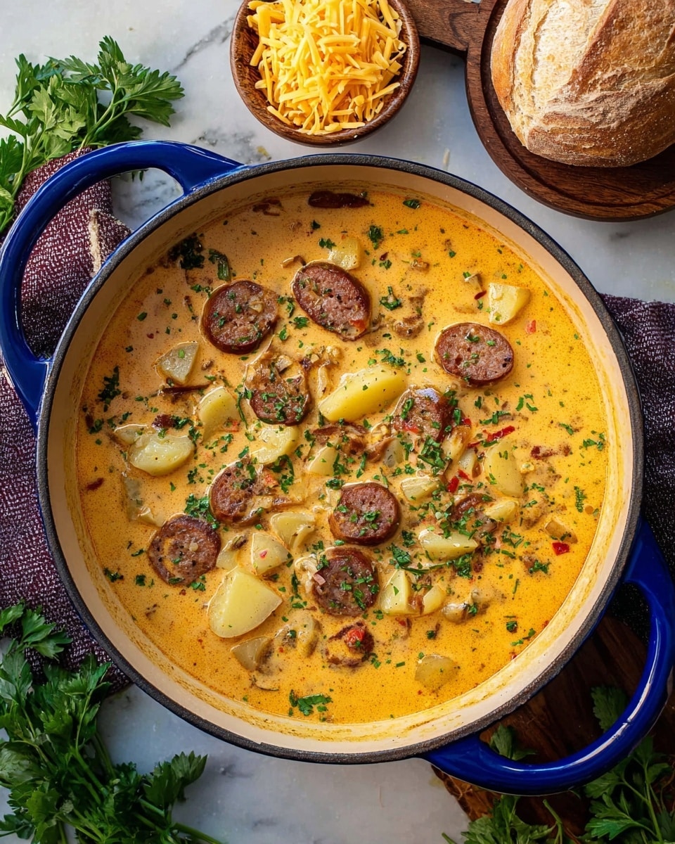 A large blue pot filled with creamy orange soup that has visible slices of browned sausage scattered evenly on top. Chunky yellow potato pieces float among the sausages, mixed with small bits of onion and red pepper. The soup has a smooth texture with herbs sprinkled lightly over the surface. Around the pot, green parsley leaves, shredded yellow cheese in a wooden bowl, and a round loaf of bread on a wooden board sit on a white marbled surface. photo taken with an iphone --ar 4:5 --v 7