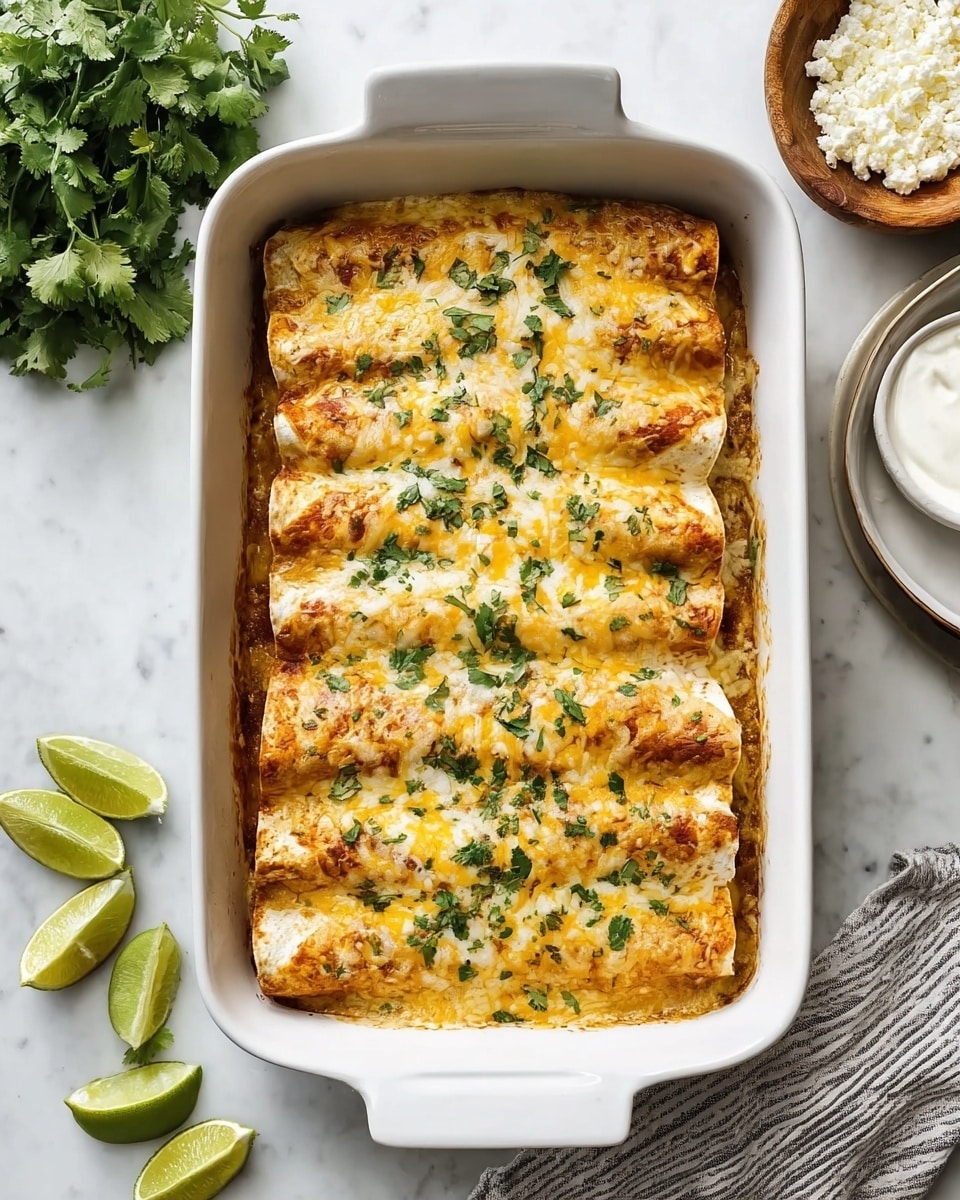 A white rectangular baking dish holds six rolled enchiladas lined up side by side in two rows. The enchiladas are covered with melted golden-yellow cheese with some white cheese mixed in, slightly browned around the edges. The surface is sprinkled with chopped green cilantro, adding a fresh color contrast. The dish sits on a white marbled surface with lime wedges at the bottom left, a bunch of cilantro at the top left, a wooden bowl filled with white sour cream at the top right, and part of a white plate with crumbly white cheese on the left. A gray and white striped linen napkin is placed near the top right corner of the baking dish. Photo taken with an iphone --ar 4:5 --v 7
