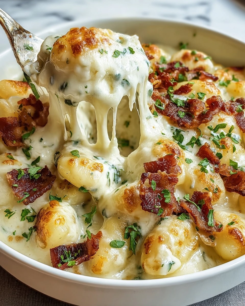 A close-up view of a white bowl filled with creamy gnocchi layered in three parts: the bottom layer is soft gnocchi pieces covered in white creamy sauce with herb bits, the middle layer shows melted, stretchy cheese with light golden spots pulling as a woman's hand scoops some out, and the top layer is sprinkled with crispy, dark golden brown bacon bits and fresh chopped green herbs. The bowl rests on a white marbled surface. photo taken with an iphone --ar 4:5 --v 7