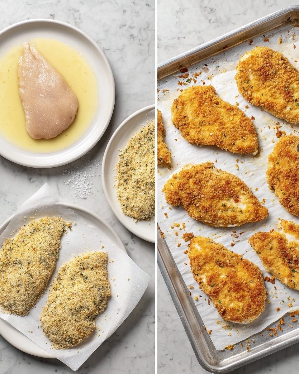 The image shows a step-by-step view of preparing breaded chicken cutlets on a white marbled surface. On the left side, a raw chicken piece is first dipped in a pale yellow liquid coating on a white plate and then placed on a second white plate with a layer of coarse, light brown herb-seasoned breadcrumbs. Below, two pieces are fully coated with the breadcrumbs, lying on white parchment paper on a silver baking tray. On the right side, six golden-brown breaded cutlets with a crunchy texture and specks of herbs are arranged on the same silver baking tray with white parchment paper, showing crispy crumbs scattered around. Photo taken with an iphone --ar 4:5 --v 7