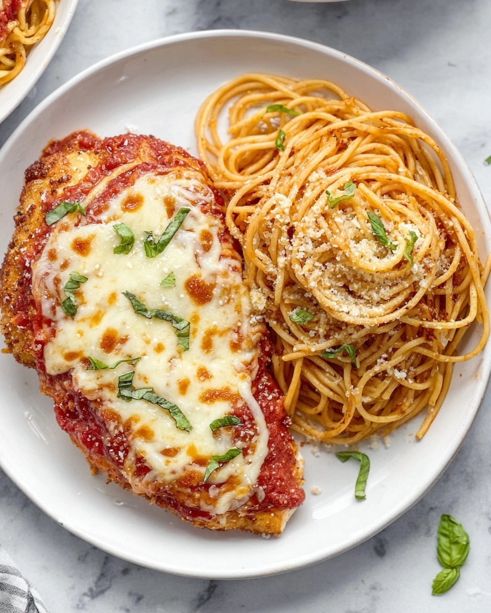 A white plate holds a dish with two main parts: a large piece of chicken covered with bright red tomato sauce, topped with melted white and light golden cheese scattered with small green basil pieces, and a generous serving of spaghetti coated with red tomato sauce, sprinkled with grated light cheese and small green basil pieces. Everything sits on a white marbled surface with small green basil leaves scattered around. Photo taken with an iphone --ar 4:5 --v 7