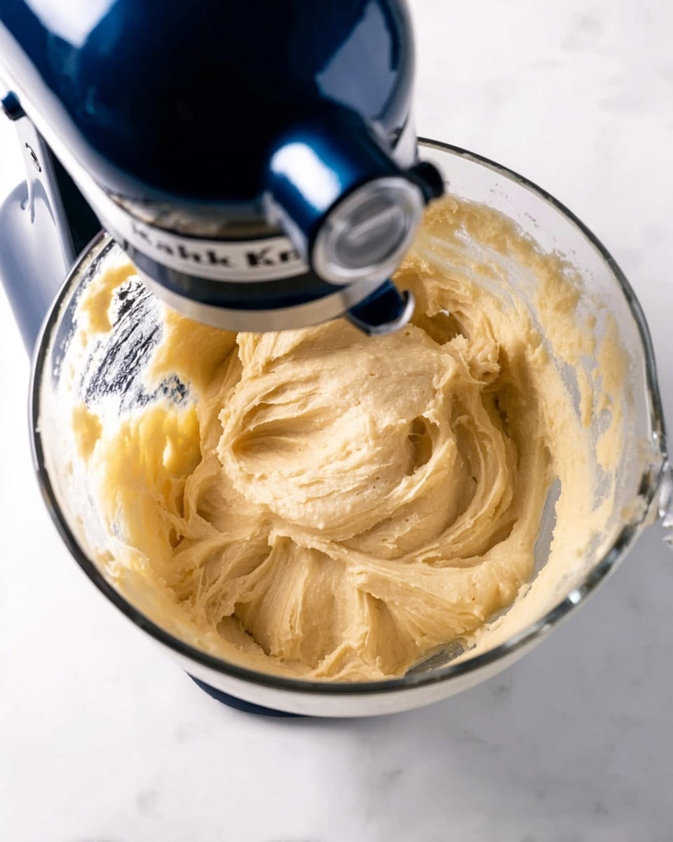 A glass mixing bowl filled with smooth, pale yellow dough being mixed by a dark blue KitchenAid stand mixer; the dough has a creamy, soft texture with visible swirls and folds from the mixing. The bowl is placed on a white marbled surface, and part of the mixer head is visible in dark blue and silver above the bowl. Photo taken with an iphone --ar 4:5 --v 7