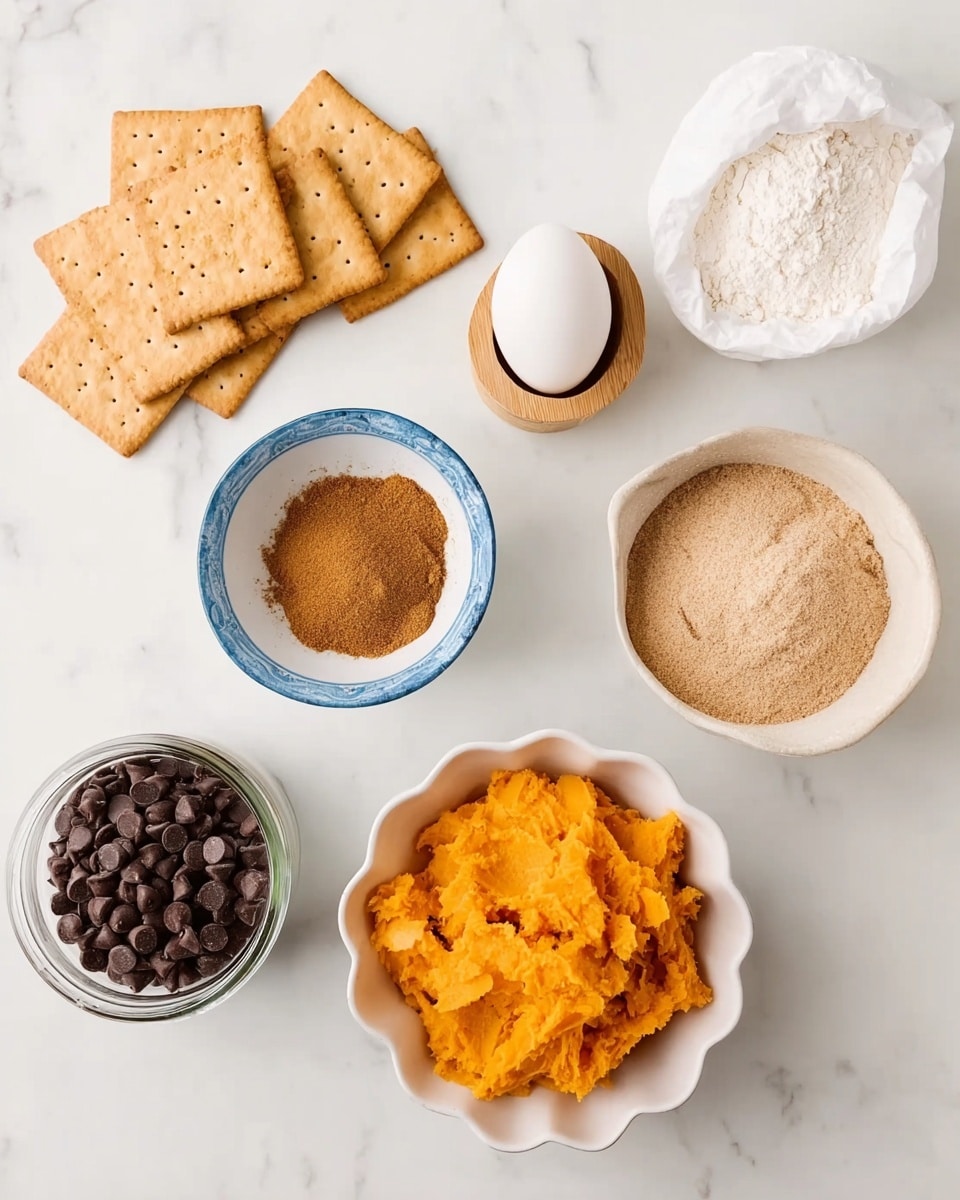 The image shows several baking ingredients arranged neatly on a white marbled surface. There are seven square crackers placed in the top left corner. Next to them is a small white bowl with a blue rim filled with a light brown powder, possibly cinnamon. At the top right, a white cloth bag contains white flour. Below the crackers, a single white egg sits in a small wooden holder. Beside the egg is a white bowl filled with light brown sugar. To the right of the sugar is a fluted white bowl containing bright orange mashed substance, likely pumpkin. At the bottom left corner, there is a clear glass jar filled with dark chocolate chips. All items are spaced out neatly, and the scene is bright and clean. photo taken with an iphone --ar 4:5 --v 7