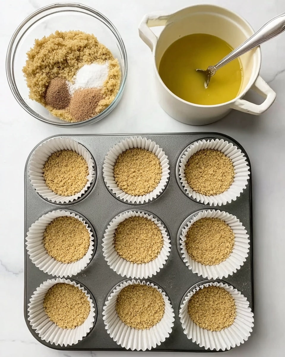 The image shows a baking tray with six white paper liners, each filled with a light brown crumb layer pressed evenly at the bottom. Above the tray, two clear glass bowls are placed on a white marbled surface. The bowl on the left contains dry ingredients: light tan crumbs with a small heap of white and brown powders in one corner. The bowl on the right holds the crumb mixture after being combined with a yellowish liquid, seen with a spoon resting inside. Next to it, a small two-handled white pot with a silver spoon holds a yellow melted or liquid ingredient. photo taken with an iphone --ar 4:5 --v 7