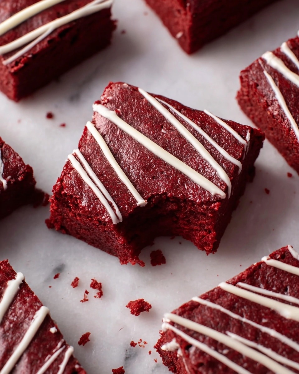 The image shows a close-up view of several square red velvet brownies, each topped with thin white drizzle lines of icing across the top. The brownies have a rich, deep red color and a slightly rough texture. One brownie in the center has a bite taken out of one corner, revealing a dense, moist interior. The brownies are placed on a white marbled textured surface, with some crumbs scattered around. The focus is on the bitten brownie in the middle, with other brownies blurred slightly in the background. photo taken with an iphone --ar 4:5 --v 7