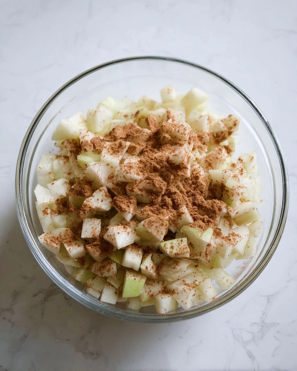 A clear glass bowl filled with small white apple pieces sprinkled evenly with light brown cinnamon powder, all sitting on a white marbled surface, photo taken with an iphone --ar 4:5 --v 7