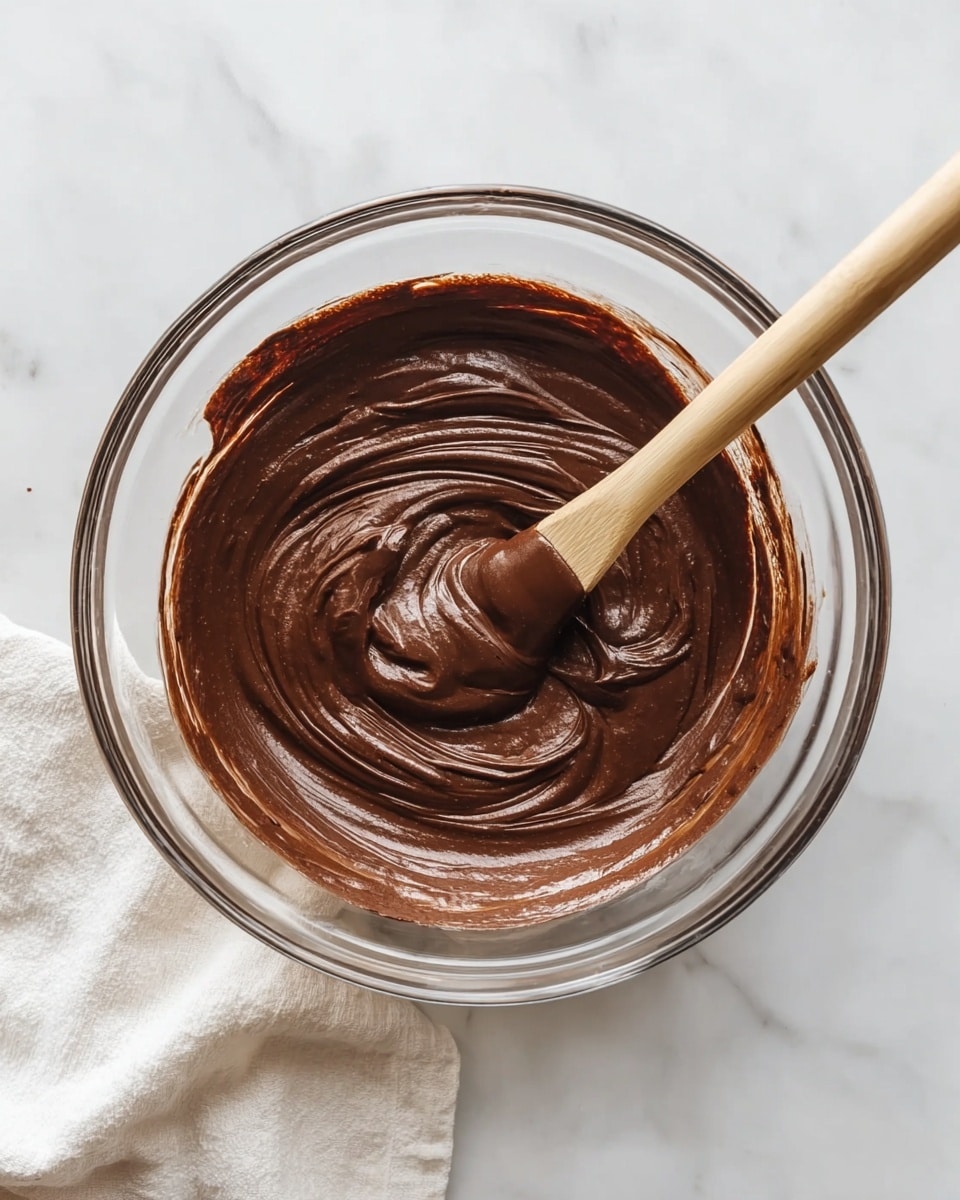 A clear glass bowl sitting on a white marbled surface holds a thick, smooth dark brown chocolate mixture. Inside the bowl, a wooden spatula with a light brown handle is partially dipped into the mixture, showing creamy swirls and folds. The mixture's surface reflects light, giving it a shiny texture. A white cloth is partially visible near the bottom left corner of the image. photo taken with an iphone --ar 4:5 --v 7