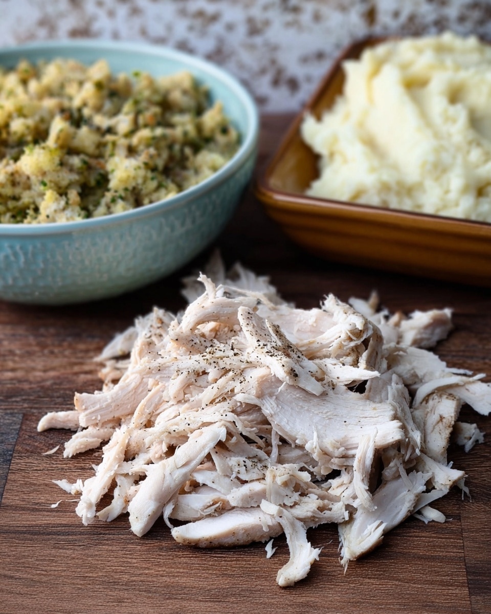 A pile of shredded white chicken meat with some pepper sprinkled on top sits on a dark wooden surface in the center. To the left, there is a light blue bowl filled with greenish-yellow crumbly stuffing showing bits of bread and herbs. To the right, there is a square brown dish holding creamy mashed potatoes with a slightly textured surface. The background is a white marbled texture. Photo taken with an iphone --ar 4:5 --v 7