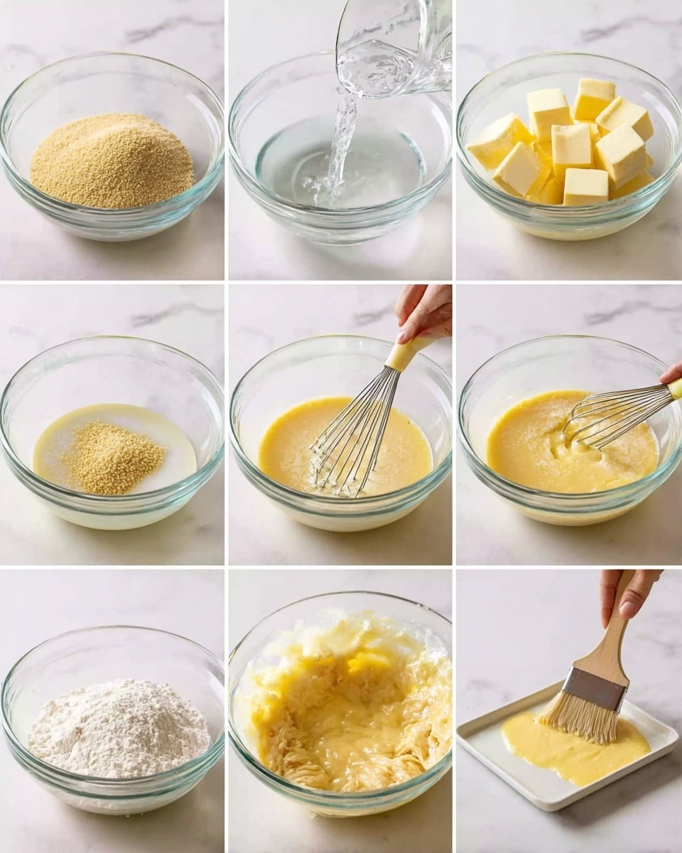 The image shows a sequence of nine steps for making dough, each in a clear glass bowl on a white marbled surface. The first image has a small mound of beige yeast granules at the bottom of the bowl. The second adds clear water being poured into the yeast. The third image shows cubes of pale butter with water being poured over them. The fourth picture captures a whisk in the bowl mixing the butter and water into small, creamy lumps. The fifth returns to the small bowl with mildly dissolved yeast sitting quietly. The sixth shows the whisk inside the larger bowl of melted butter mixture, frothy and yellow. The seventh image adds a heap of white flour on top of the yellow mix in the bowl. The eighth shows a spatula stirring the sticky, soft, yellow dough forming in the bowl. The final image shifts away from the bowls and shows a woman's hand brushing melted butter onto a white dish with a wooden brush, ready for baking photo taken with an iphone --ar 4:5 --v 7