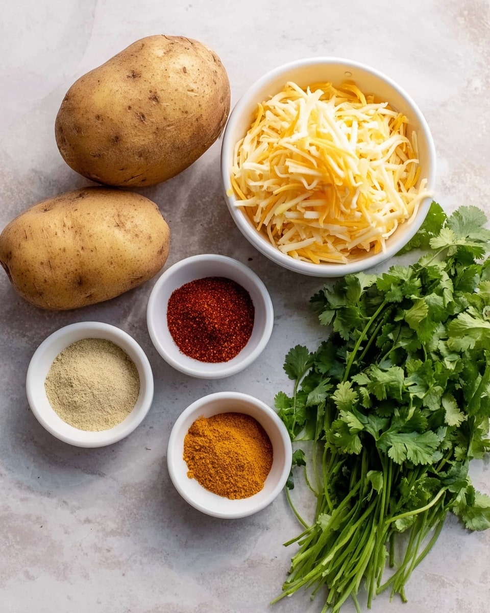 The image shows three whole potatoes with a light brown, rough skin placed on a white marbled surface. To the right, there is a white bowl filled with thin yellow and white shredded cheese. Below the cheese bowl, another white bowl contains four different spices in separate sections: a dark reddish-brown spice, a bright red spice, a light beige powder, and a yellowish powder with a green tint. To the right of the spice bowl, there is a bunch of fresh green cilantro leaves with stems spread loosely on the surface. Photo taken with an iphone --ar 4:5 --v 7