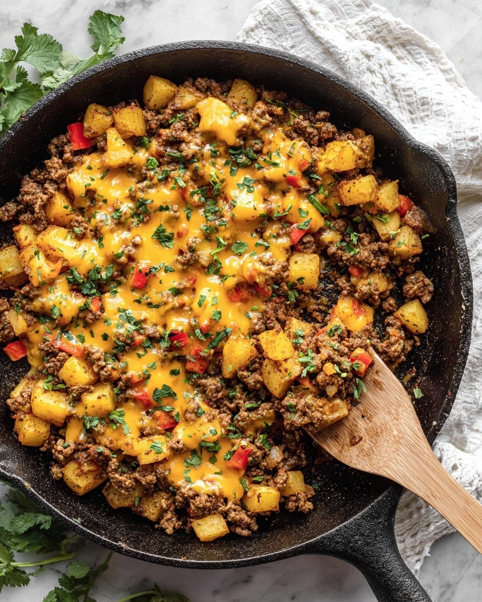 The image shows a black cast iron pan filled with a cooked mixture. The dish has three visible layers: the bottom layer is ground meat cooked with spices, dark brown and crumbly, spread evenly across the pan. The middle layer consists of small, diced yellow potatoes and red bell peppers, scattered through the meat, adding bright pops of yellow and red. The top layer is melted yellow cheese drizzled unevenly over the meat and vegetables. Green chopped herbs are sprinkled lightly across the whole dish for a fresh touch. A wooden spatula is placed inside the pan, partially lifting some of the mixed food. The pan is set on a white marbled surface with a white cloth and green herb leaves nearby. photo taken with an iphone --ar 4:5 --v 7