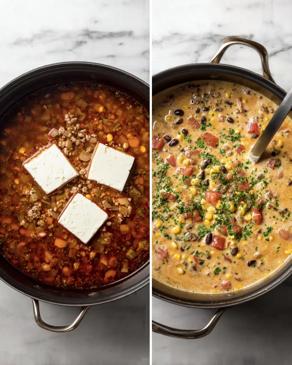 The image shows two stages of a soup in a black pot on a white marbled surface. On the left, the soup has a dark reddish-brown liquid base with small pieces of vegetables and ground meat, topped with two large white blocks of cream cheese placed in the center. On the right, the pot holds the finished soup, now creamy and light beige in color with visible black beans, corn, diced tomatoes, and ground meat throughout. Green chopped herbs are sprinkled on top, and a silver ladle rests inside the pot on the right side, partially submerged in the soup. Photo taken with an iphone --ar 4:5 --v 7