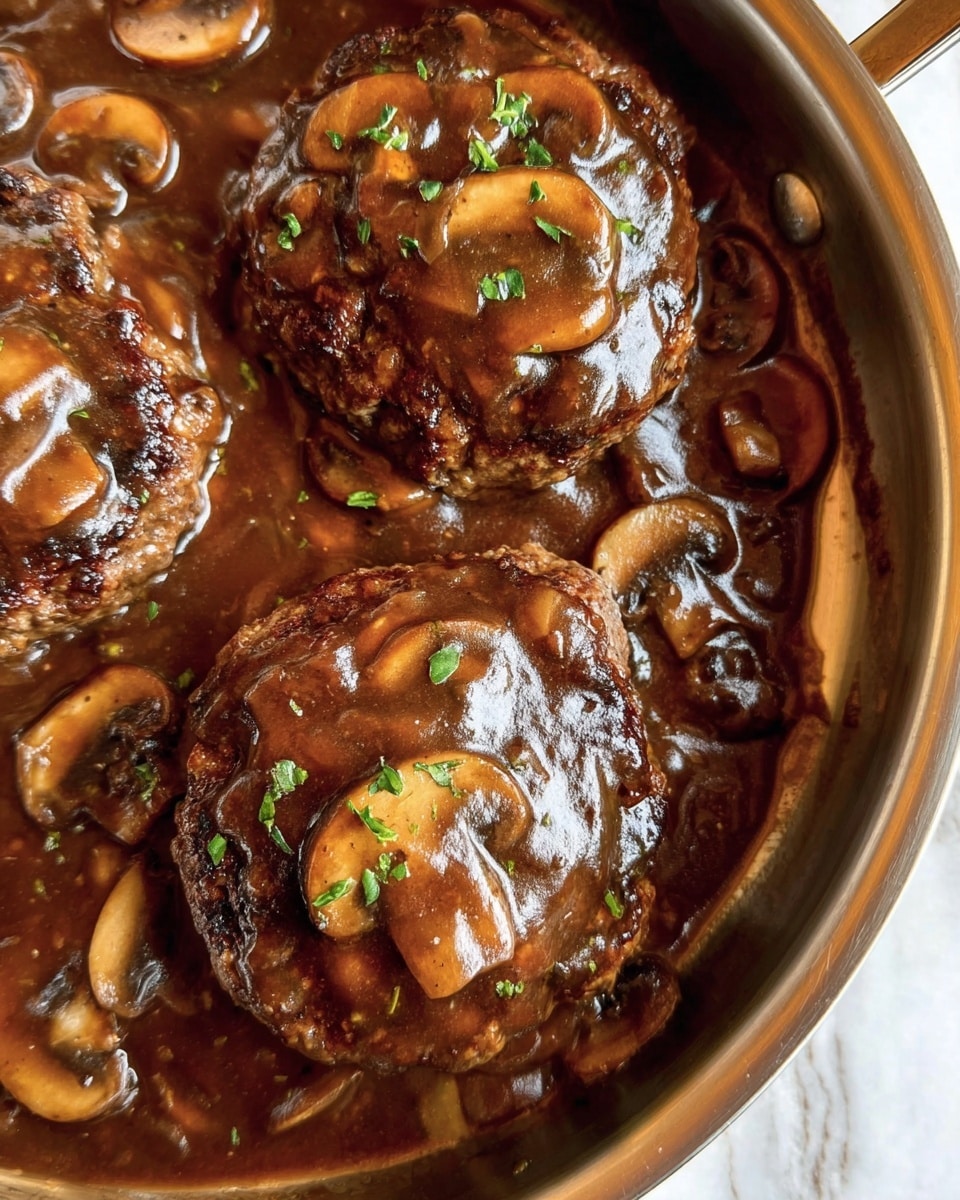 The image shows three round brown patties covered in thick dark brown mushroom sauce inside a shiny metal pan. The sauce has visible sliced mushrooms and small bits of green herbs sprinkled on top of each patty. The texture on the patties shows some browned or cooked edges under the sauce. The background is a white marbled surface. photo taken with an iphone --ar 4:5 --v 7