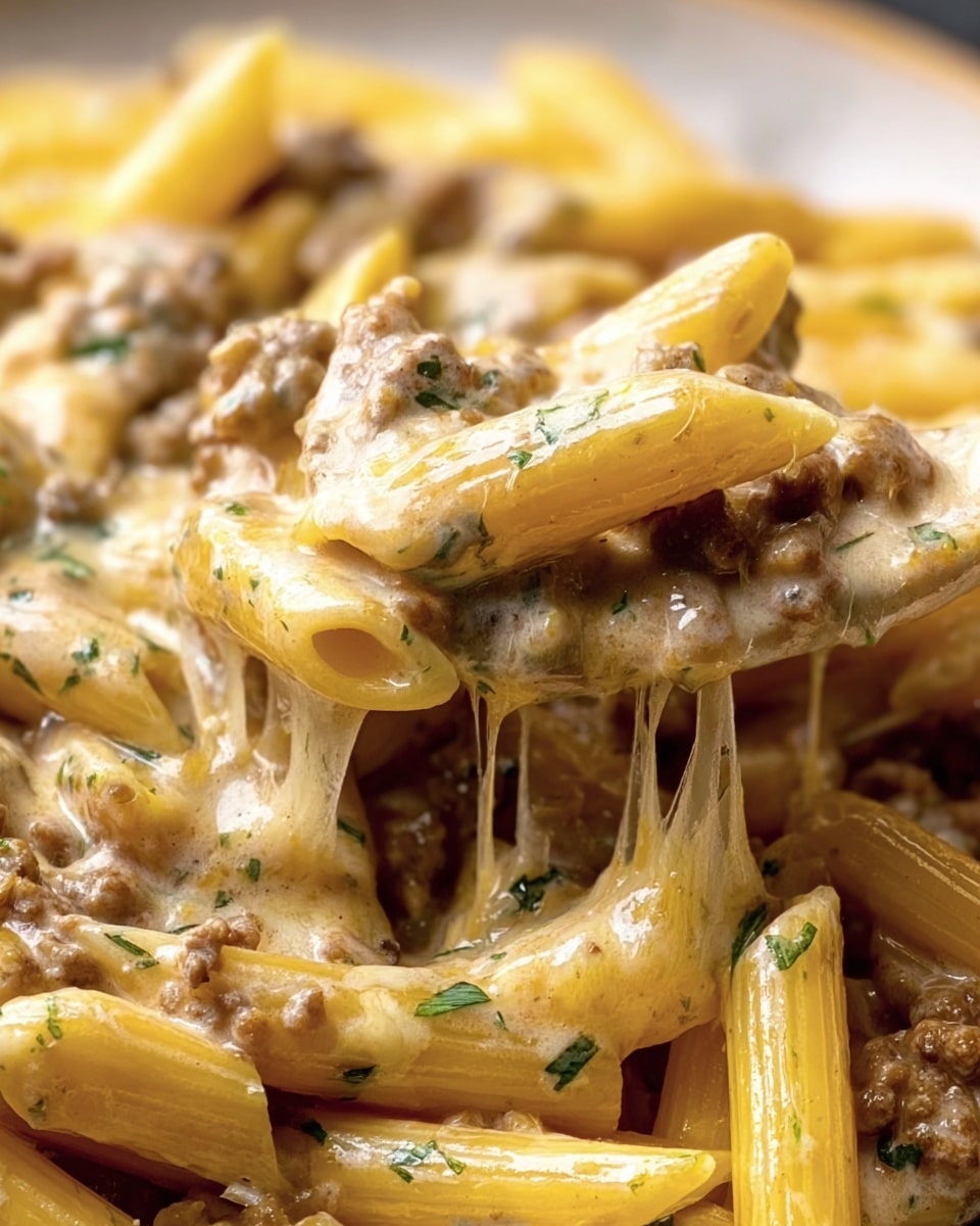 This image shows a close-up of creamy penne pasta with a thick sauce topped with browned ground meat and chopped green herbs. The penne pasta is yellowish and smooth, with some pieces standing out on top. The sauce is creamy and light brown, covering the pasta and meat, stretching in thin strands to show the texture. Small green herb bits are sprinkled on top and mixed in the sauce, adding color contrast. The pasta is being lifted with a wooden utensil above a pile of more creamy penne pasta in a pan. The background is a white marbled texture. Photo taken with an iphone --ar 4:5 --v 7