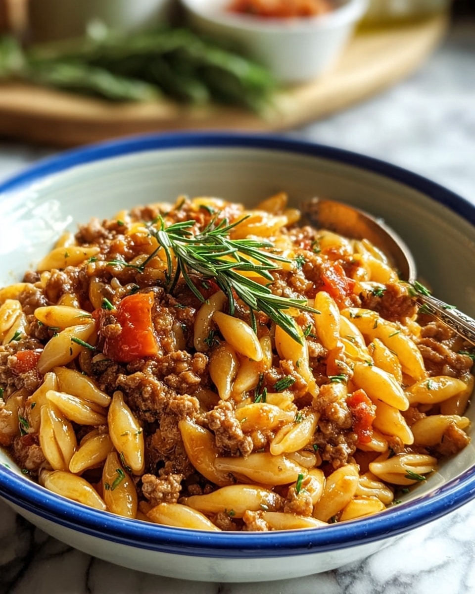 A white bowl with a blue rim is full of a dish made of small, oval-shaped pasta mixed with finely ground meat and small pieces of red tomato. The pasta is golden and glossy, sitting on the ground meat which is browned and crumbly. Bright green rosemary sprigs rest on top, adding a touch of color and texture. The dish looks warm and moist, with a small spoon resting inside the bowl. The background shows blurred kitchen items on a white marbled surface. photo taken with an iphone --ar 4:5 --v 7