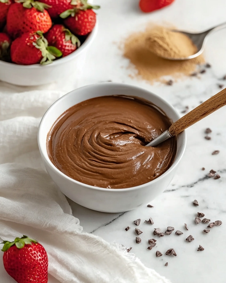 A white bowl filled with smooth, rich chocolate mousse that has a creamy texture with gentle swirls on the surface, and a spoon with a wooden handle dipped into it resting inside the bowl. In the background, there is a white bowl full of fresh strawberries with green tops, and a metal spoon containing a light brown powder on a white marbled surface scattered with small chocolate pieces or cocoa nibs. A white cloth napkin is draped beside the bowl. Photo taken with an iphone --ar 4:5 --v 7
