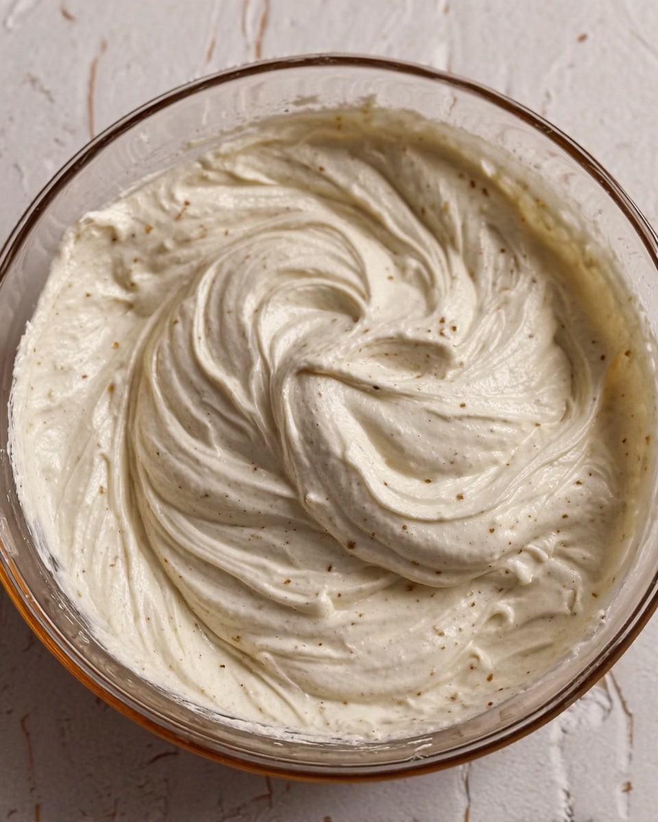 A large clear glass bowl filled with thick, creamy white batter or frosting that has a smooth, swirled texture with visible folds and peaks. The batter has tiny brown specks scattered throughout, giving it a slightly speckled look. The bowl is placed on a flat surface with a white marbled texture. photo taken with an iphone --ar 4:5 --v 7
