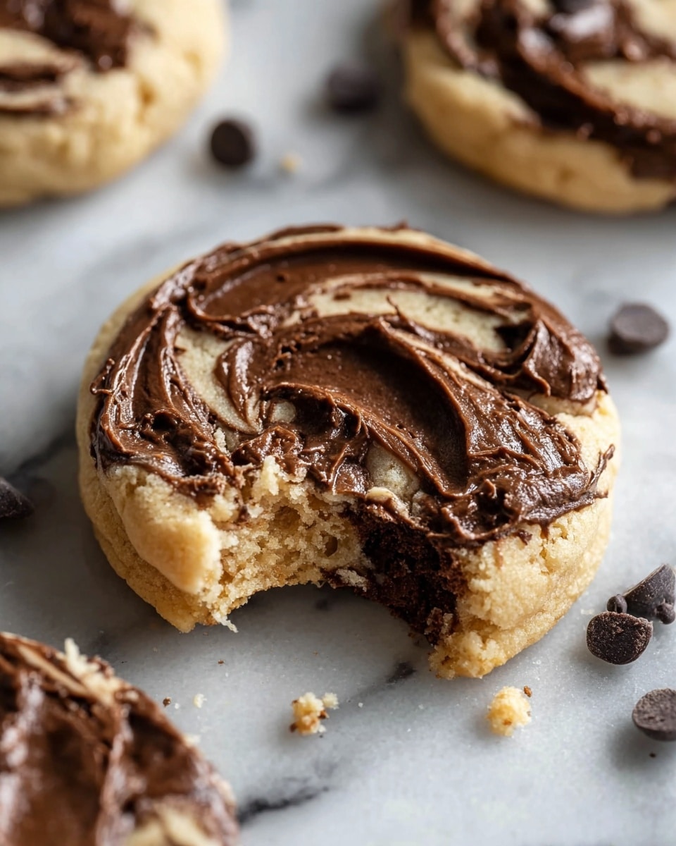 The image shows a close-up of a chocolate and vanilla swirl cookie with a bite taken out of it, revealing a soft, dark chocolate center. The cookie has two main layers: a light golden vanilla dough base and a thick, dark chocolate swirl on top with a smooth, glossy texture. There are a few dark chocolate chips scattered around the cookie on a white marbled surface. Crumbs from the cookie are visible near the bite area. In the background, blurred similar cookies with the same swirl pattern are partially visible on the white marbled texture. photo taken with an iphone --ar 4:5 --v 7