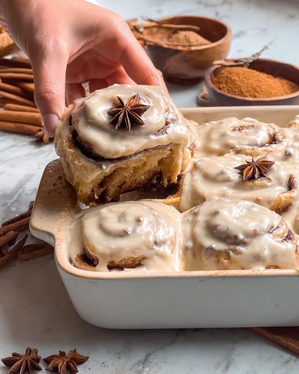 The image shows a white baking dish filled with four cinnamon rolls covered in creamy icing with a light brown color and specks of cinnamon visible in the sauce. One cinnamon roll is being lifted by a woman's hand, revealing thick layers with a dark brown cinnamon swirl inside and a soft, fluffy texture. The top layer of icing is smooth and slightly shiny, flowing over the edges of the rolls. On the surface of one cinnamon roll rests a star anise spice. In the background, there are cinnamon sticks, star anise, and two small wooden bowls filled with cinnamon powder and star anise, all placed on a white marbled surface. Photo taken with an iphone --ar 4:5 --v 7