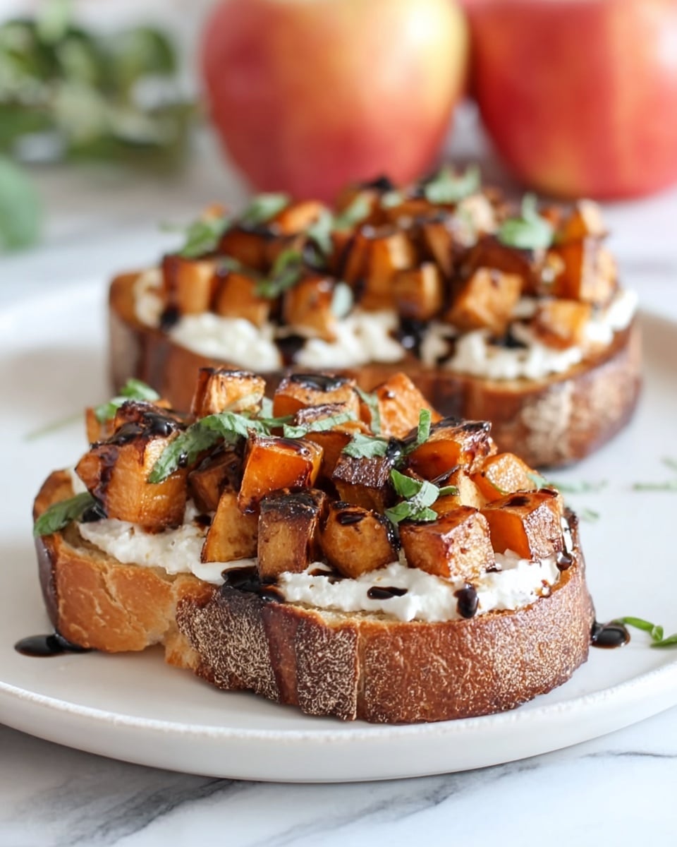 Two pieces of toasted bread with a thick, crunchy crust and soft inside sit on a white plate on a white marbled surface. Each slice is layered with a creamy white spread, topped with small cubes of roasted orange sweet potato mixed with pieces of green herb leaves. The topping is drizzled with a dark balsamic glaze that adds a shiny contrast. In the background, two whole apples are slightly out of focus. Photo taken with an iphone --ar 4:5 --v 7