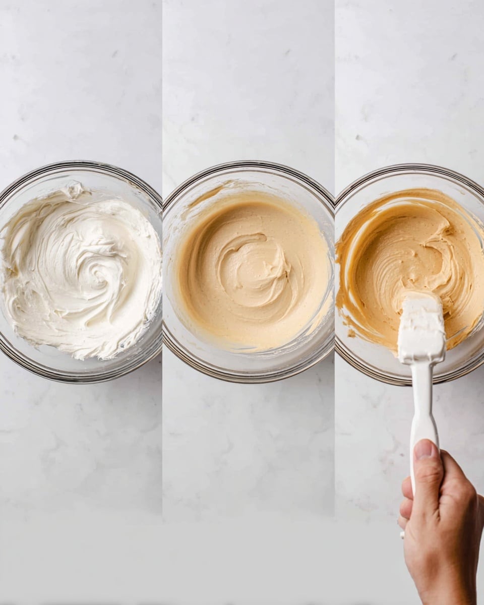 Three clear glass bowls sit side by side on a white marbled surface. The first bowl on the left holds a thick, fluffy white cream with soft peaks and a smooth, whipped texture, spread evenly inside the bowl. The middle bowl contains a light beige mixture with a creamy, smooth surface, gently swirled in a round shape. The third bowl on the right shows a light beige batter being mixed with a white spatula, partially covered with a thicker, whipped foam layer, while a woman's hand holds the bowl steady from the bottom right corner. The scene is simple and clean, emphasizing the smooth textures and light colors of the mixtures photo taken with an iphone --ar 4:5 --v 7