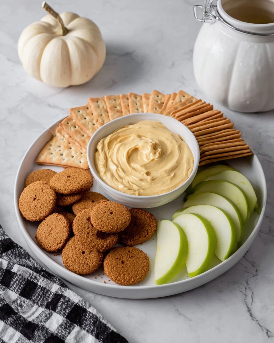 A white round plate holds a snack platter arranged in sections. The center has a white bowl filled with smooth, light yellow creamy dip with a swirl on top. Surrounding the bowl, there are three layers starting from the bottom: a pile of small, round, brown cookies with a slightly cracked texture, then slices of green apple with a shiny peel, cut into wedges and neatly lined up. Next to the apple slices are rectangular light brown crackers with small holes, stacked upright. The plate is placed on a white marbled surface with a white pumpkin-shaped jar and a black and white checkered cloth nearby. Photo taken with an iphone --ar 4:5 --v 7