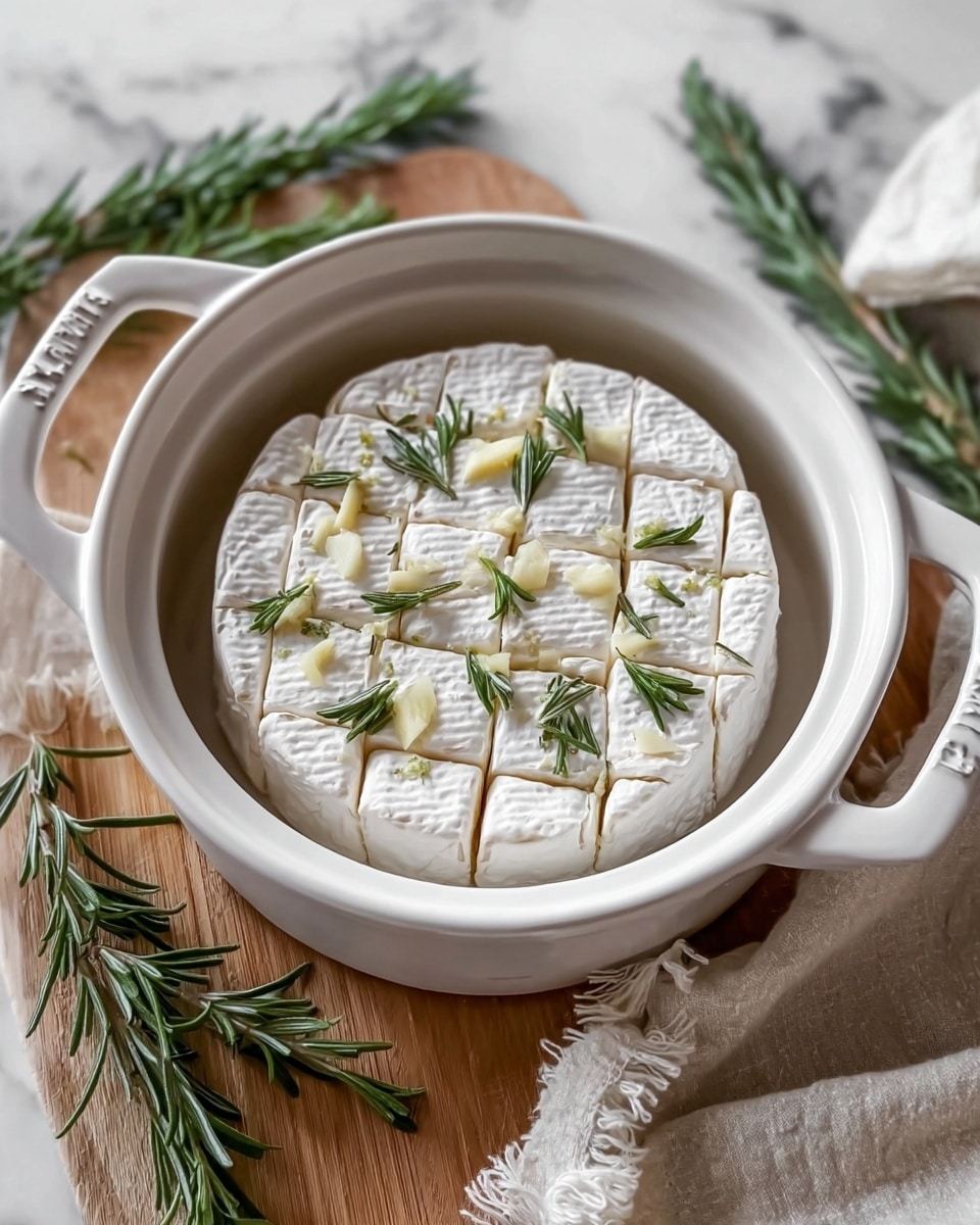 A single round wheel of white soft cheese with a textured rind is placed in the center of a white ceramic pot with two handles. The cheese surface is scored into neat square sections creating a grid pattern. Thin slices of light yellow garlic and small sprigs of fresh dark green rosemary are scattered on top, adding texture and color contrast. The pot sits on a wooden surface with sprigs of rosemary laid around it. A cream-colored cloth with fringed edges is next to the pot, and the background is a white marbled texture. Photo taken with an iphone --ar 4:5 --v 7