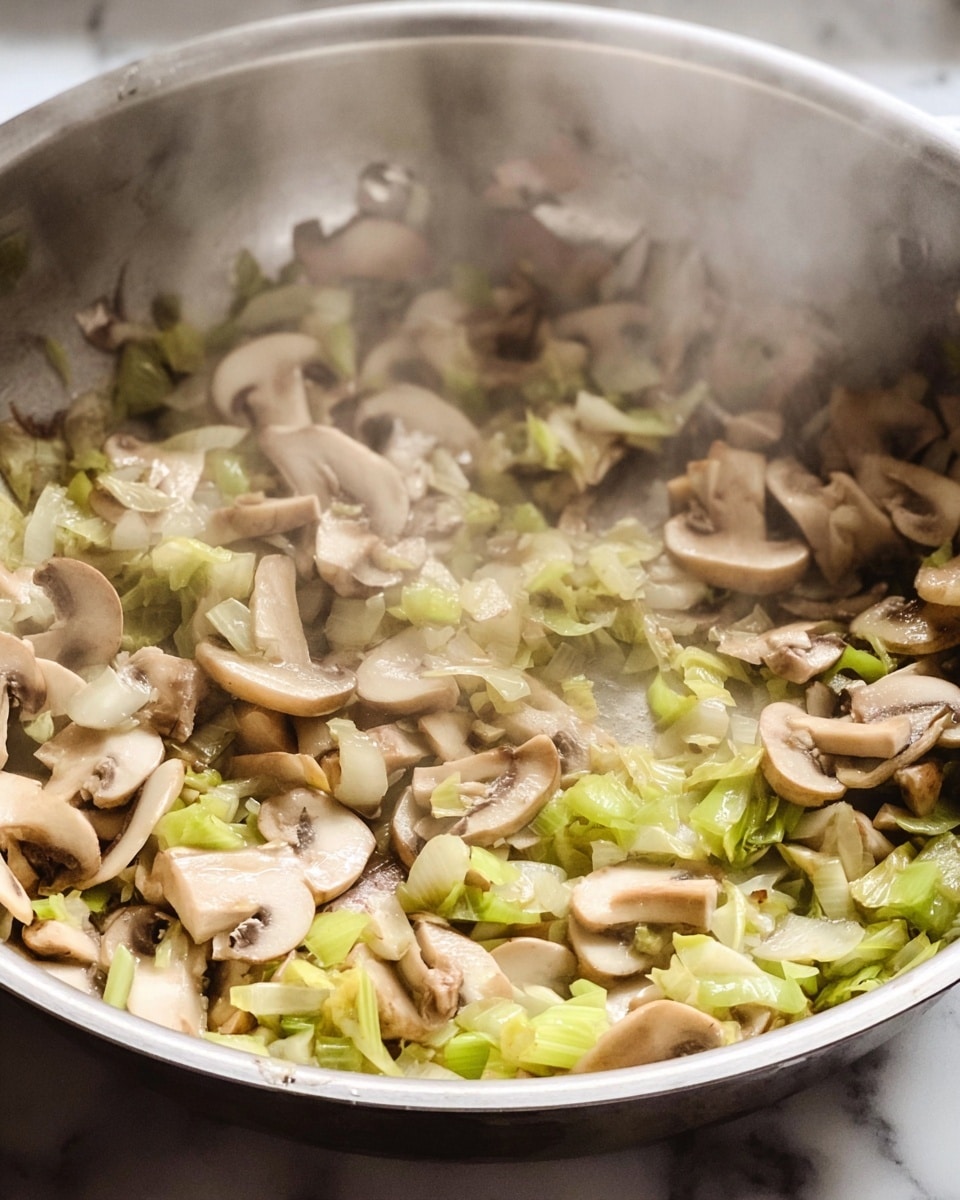 The image shows a close-up of a silver skillet filled with sautéed layers of light brown sliced mushrooms and small pieces of pale green and white chopped leeks. The mushrooms are scattered evenly throughout, blending with the leeks, giving a mix of soft textures with slightly cooked, moist surfaces. Steam rises from the skillet, creating a misty effect over the ingredients. The skillet sits on a white marbled surface, suggesting a kitchen setting. photo taken with an iphone --ar 4:5 --v 7