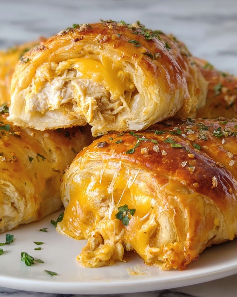The image shows a close-up of two golden-brown puff pastry rolls on a white plate with a white marbled surface background. The rolls have a shiny, flaky crust sprinkled with bits of green herbs. One roll is cut open showing three layers inside: a flaky light golden pastry layer on the outside, a thick layer of melted yellow-orange cheese in the middle, and a white shredded chicken layer as the base. The cheese looks soft and slightly stringy, melting down over the chicken. Small pieces of herbs are scattered on top and around the plate. Photo taken with an iphone --ar 4:5 --v 7