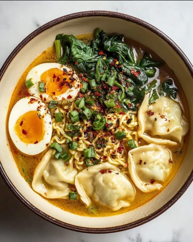 Dumpling Ramen Bowl with Soft-Boiled Eggs and Spinach Recipe
