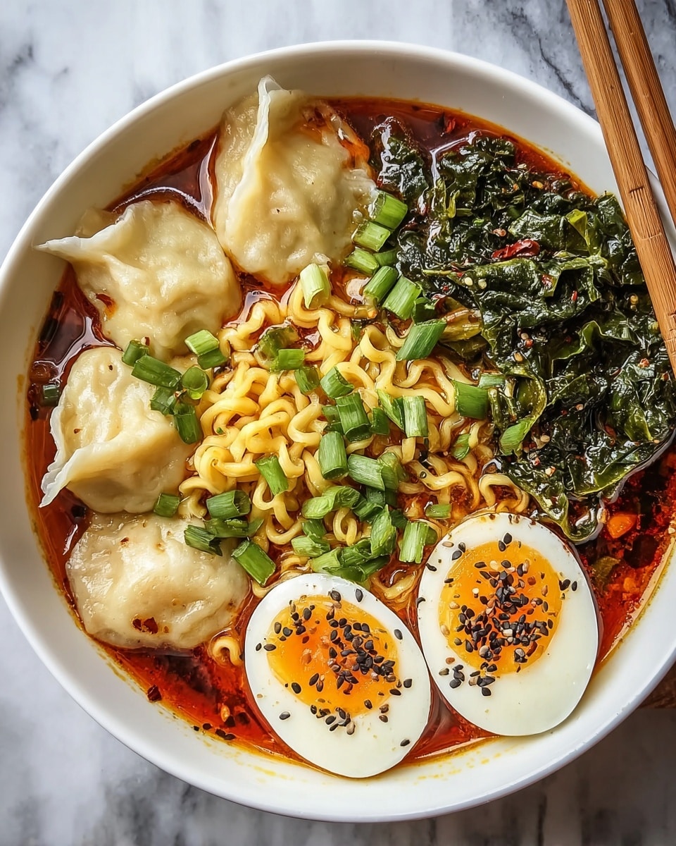 A white bowl filled with a rich, reddish-brown broth with four pale dumplings placed on the left side floating slightly above yellow curly noodles in the center; dark green cooked leafy vegetables occupy the top right area, while two halved boiled eggs with bright orange yolks and sprinkled with black sesame seeds rest on the bottom right; chopped green onions scattered over the noodles add a fresh green color, all sitting against a white marbled background with a pair of wooden chopsticks to the right side photo taken with an iphone --ar 4:5 --v 7