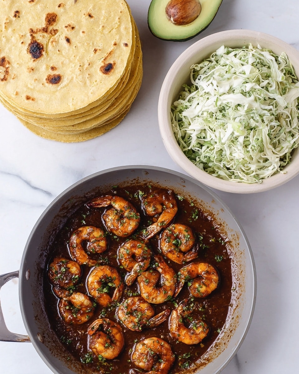 The image shows a gray pan filled with two layers of cooked shrimp coated in a rich, dark brown sauce with green herb bits sprinkled on top, positioned at the bottom left. To the top left, there is a stack of six golden yellow tortillas with light brown spots, and one tortilla on top has a small tear. Next to the tortillas on the left, there is a halved avocado showing its green flesh and brown seed. On the right side, a white bowl holds a heap of shredded pale green cabbage mixed with white bits and specks of green herbs, all set on a white marbled surface. Photo taken with an iphone --ar 4:5 --v 7