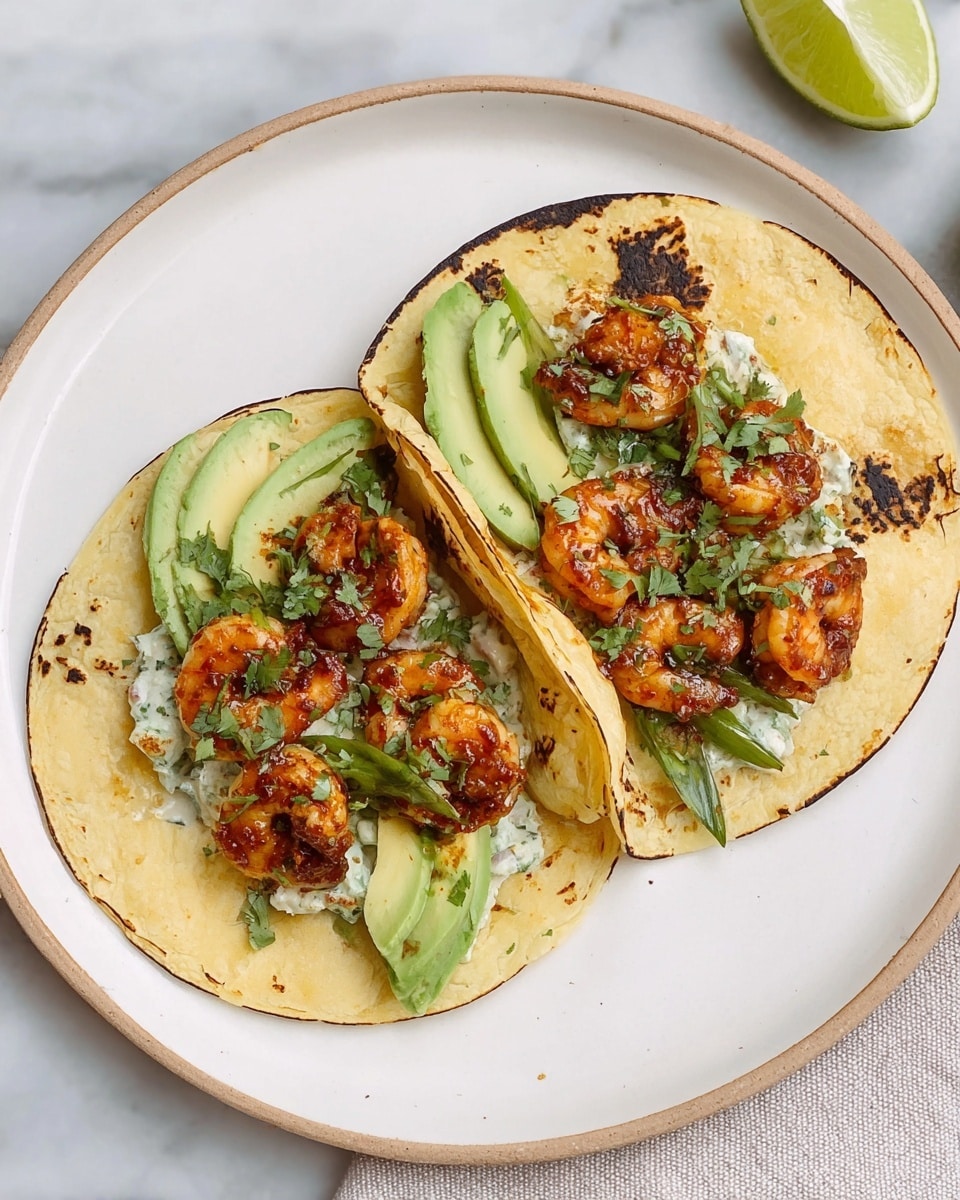 Two tacos are placed side by side on a white plate with a slightly raised rim. Each taco has one light yellow corn tortilla, slightly toasted with some brown spots. The bottom layer in the tacos is a creamy, white sauce mixed with finely chopped green herbs. On top of this is a layer of cooked shrimp, which are golden brown and coated with a reddish-brown glaze that looks slightly sticky with herbs sprinkled on them. Inside each taco, there are also a few long, thin slices of bright green avocado and several thin green strips that look like fresh green onions or peppers. The whole plate sits on a white marbled surface with a slice of lime visible near the top right corner. photo taken with an iphone --ar 4:5 --v 7