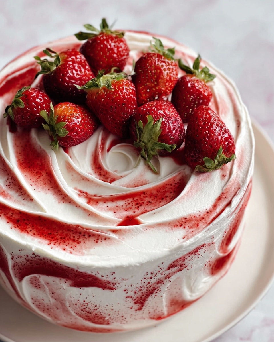 A three-layer round cake covered in white cream with red strawberry sauce swirled through the top layer in spiral patterns. Fresh strawberries, halved with green tops still on, are placed on one side of the top of the cake, arranged in a small cluster over the cream and strawberry sauce. The cake sits on a white plate, and the background is a white marbled texture. The image shows an up-close view, highlighting the smooth cream texture and the fresh strawberries. photo taken with an iphone --ar 4:5 --v 7