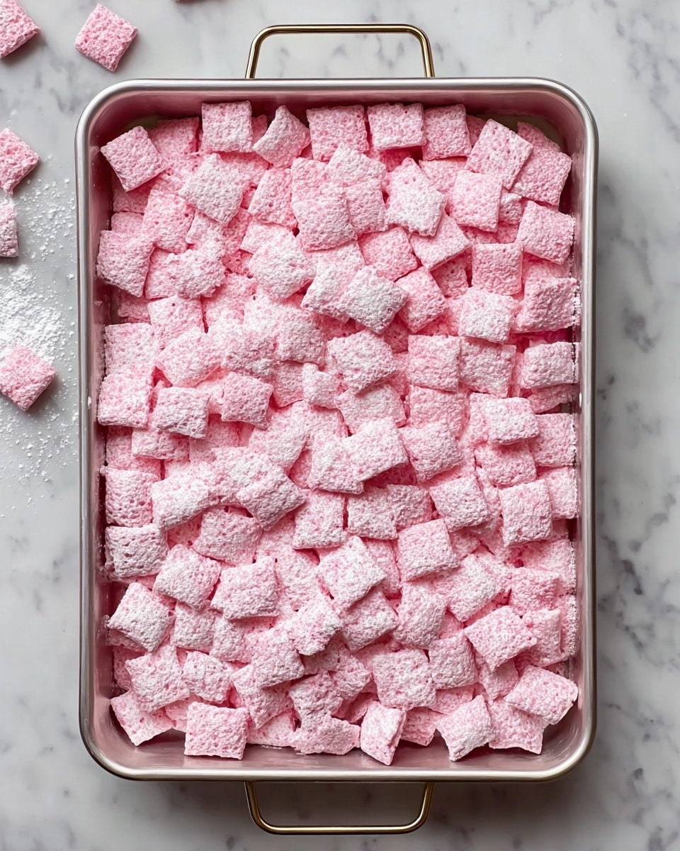 A rectangular silver baking pan filled with a single thick layer of pink square cereal pieces that look coated in white powdered sugar, covering the entire pan evenly. The texture of the cereal is crunchy and slightly rough with some powdered sugar dust settled between the pieces. The pan rests on a white marbled surface with a few pieces of the pink cereal scattered around the edge, and a caster handle is visible at the top side of the pan. Photo taken with an iphone --ar 4:5 --v 7