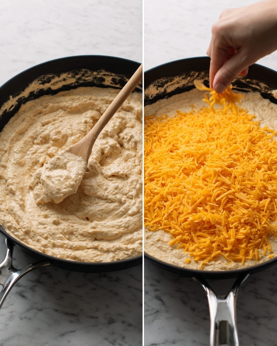 The image shows two side-by-side views of a black pan with a thick creamy light beige mixture inside. On the left side, a woman's hand holds a wooden spoon stirring the textured mixture, which looks soft and chunky. On the right side, a woman's hand sprinkles a large amount of shredded bright orange cheese evenly over the same mixture in the pan. The scene rests on a white marbled surface. Photo taken with an iphone --ar 4:5 --v 7