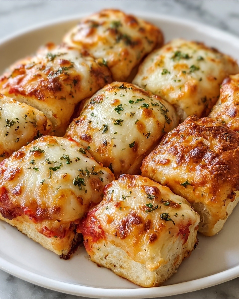 A white square dish holds nine square pieces of baked pizza rolls arranged in rows. Each roll has a golden-brown melted cheese layer on top with a slightly crispy texture, dotted with small green herb flakes and bits of black pepper. Underneath the cheese is a soft, fluffy dough layer that is lightly toasted around the edges. Some pieces show a peek of bright red tomato sauce inside the dough. The dish sits on a white marbled surface. photo taken with an iphone --ar 4:5 --v 7