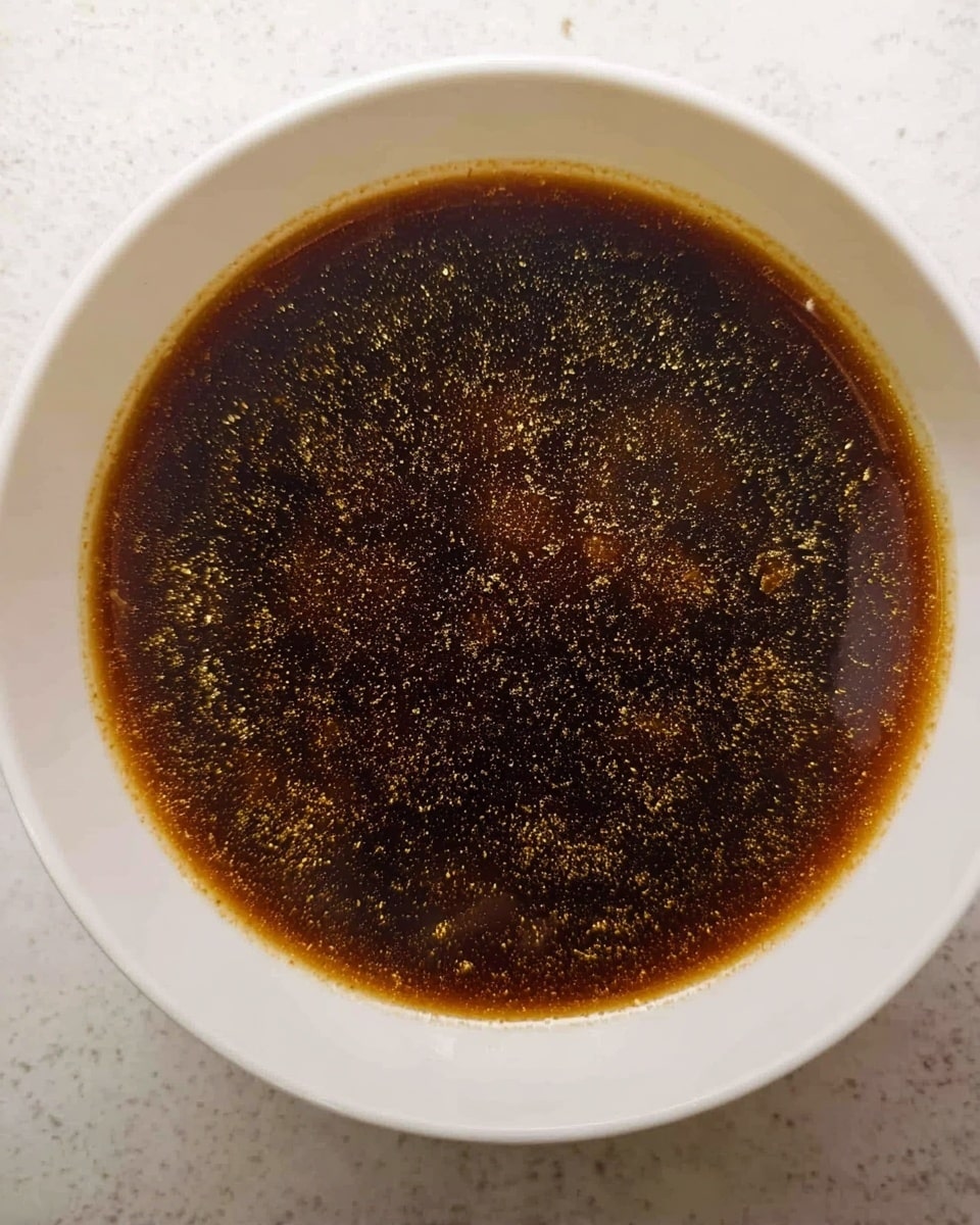 The image shows a close-up view of a single layer of dark brown liquid sauce with a slightly grainy texture floating on the surface, inside a white bowl. The sauce has tiny yellowish oil droplets scattered unevenly across, giving it a shimmering effect. The bowl edges are partially visible, placed on a white marbled texture surface. Photo taken with an iphone --ar 4:5 --v 7